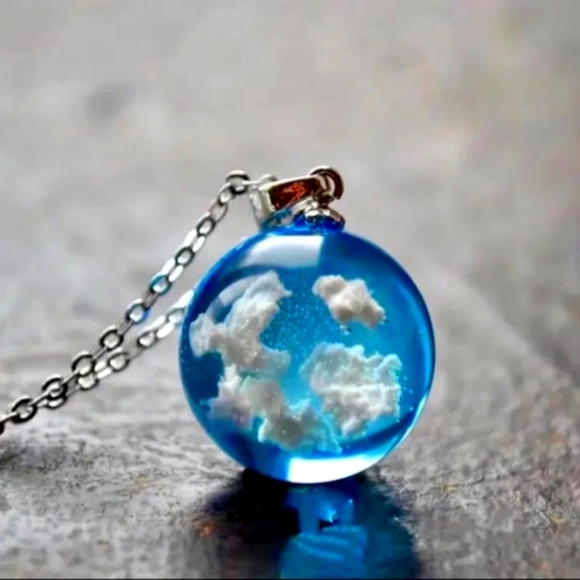 Jewelry - Blue Sky White Cloud Necklace Transparent Ball Shape Resin Pendant Necklace..NWT